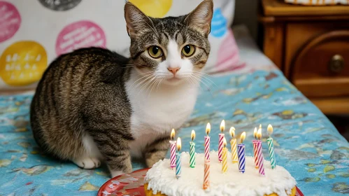 Curious Cat and Birthday Cake with Candles