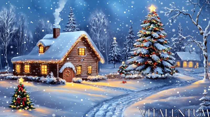 Festive Snowy Cabin with Christmas Decorations