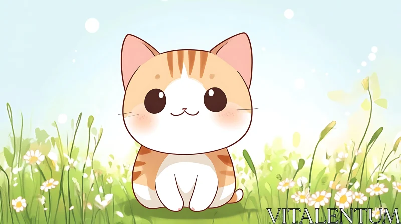 Cute Cat Illustration in Flower Field