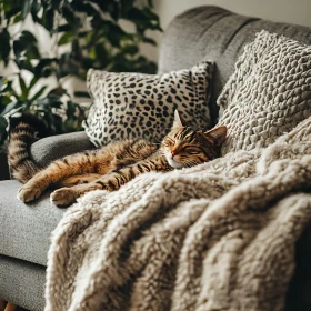 Tabby Cat Sleeping Comfortably on a Modern Sofa