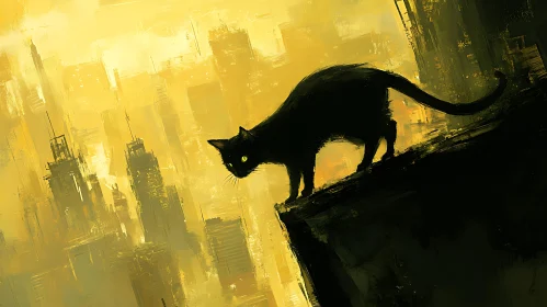 Black Cat on the Edge with Urban Yellow Background