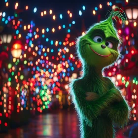 Whimsical Green Character in Christmas Lights