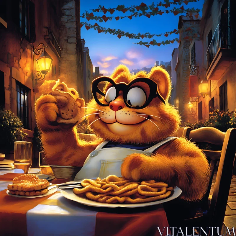 Cartoon Tabby Cat Having Evening Meal