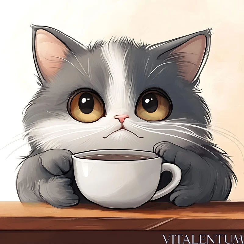 Cute Gray Kitten with Coffee Cup Art