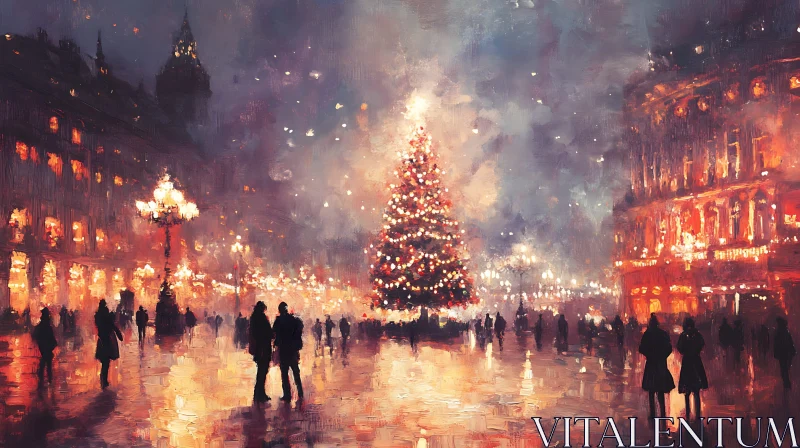 Bustling City Square with Christmas Tree