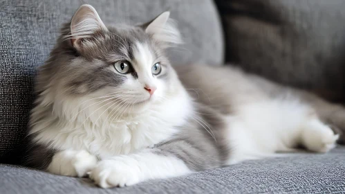 Elegant Fluffy Cat on Grey Sofa