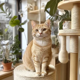 Serene Ginger Cat on Sisal Perch Indoors
