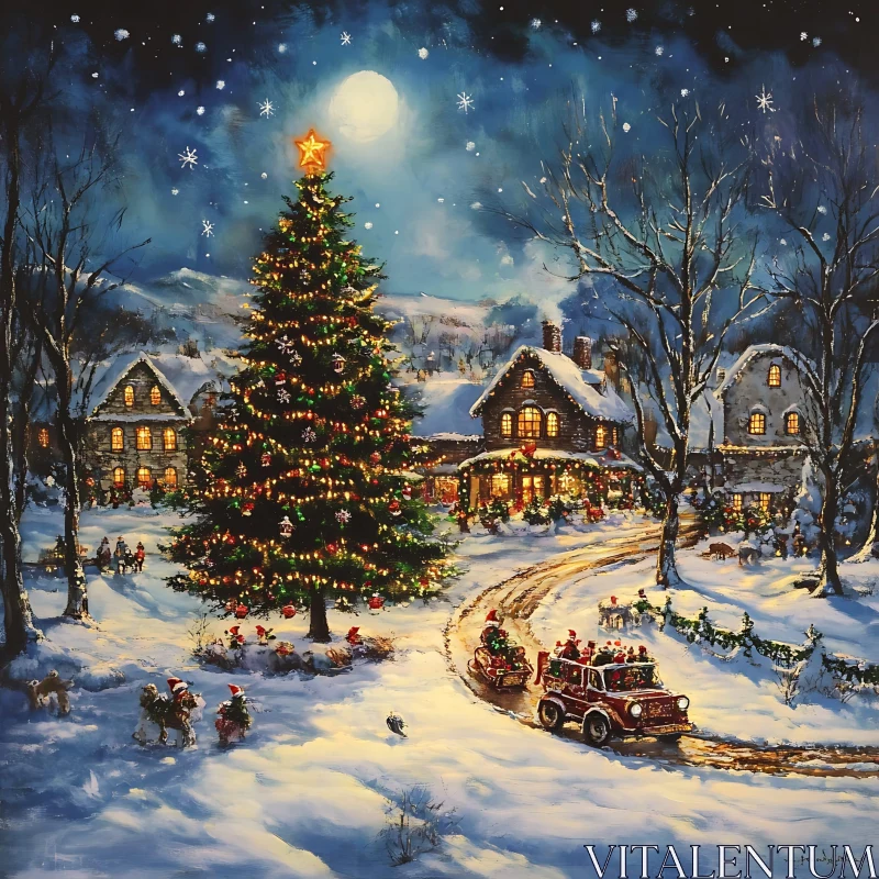 Moonlit Christmas Village Scene