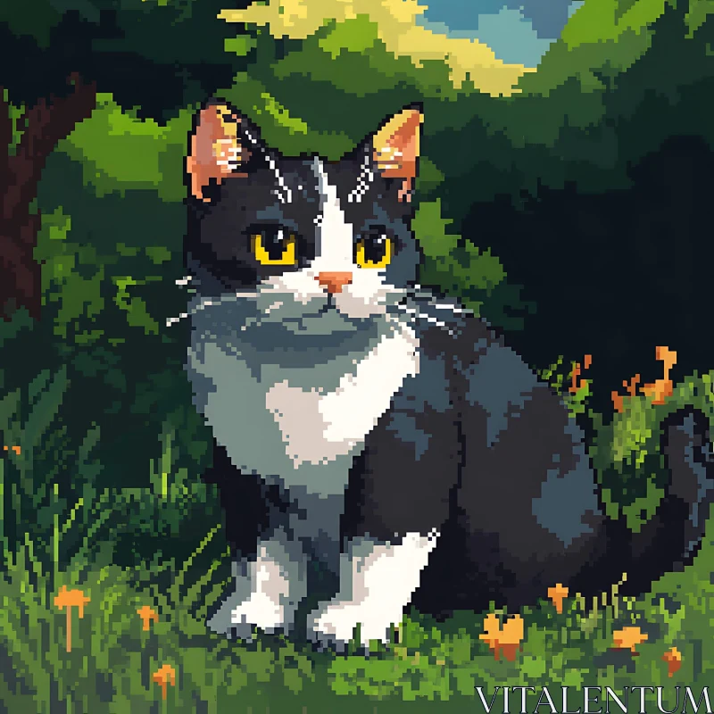 Pixelated Cat in Garden Scenery AI Image