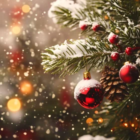 Festive Holiday Decor on a Snowy Christmas Tree Branch