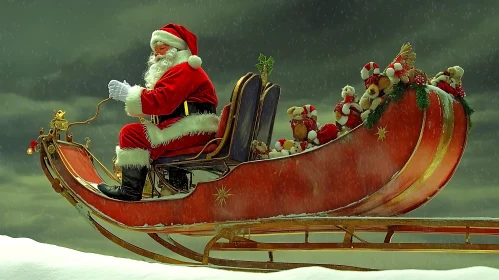 Festive Santa Claus in Suspended Sleigh with Holiday Decorations