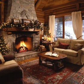 Warm Cabin Interior with Fireplace and Snowy Vista