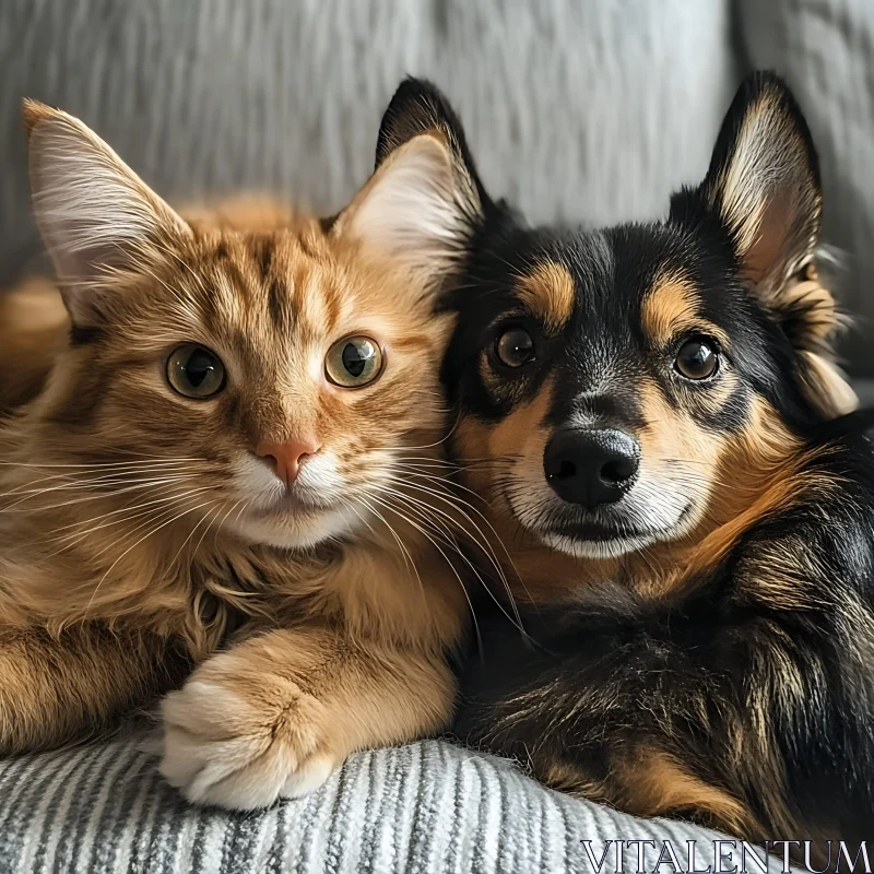 Fluffy Cat and Black-Tan Dog Lying Together