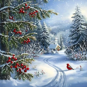Snowy Cabin and Red Bird in Winter Forest