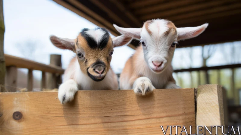 Adorable Baby Goats Peeking Over Wooden Fence AI Image