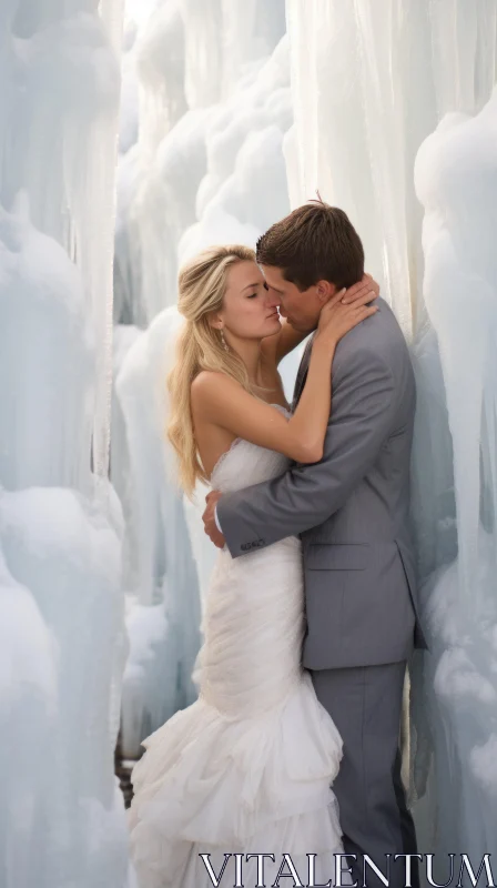 Bride and Groom Kissing Amidst Icicles: A Beach Wedding Portrait AI Image