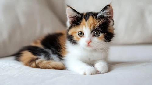 Charming Calico Kitten on Soft White Bedding