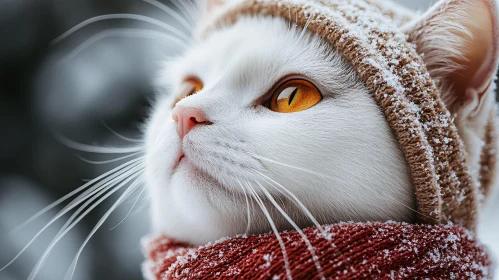 White Cat Portrait with Winter Hat and Scarf