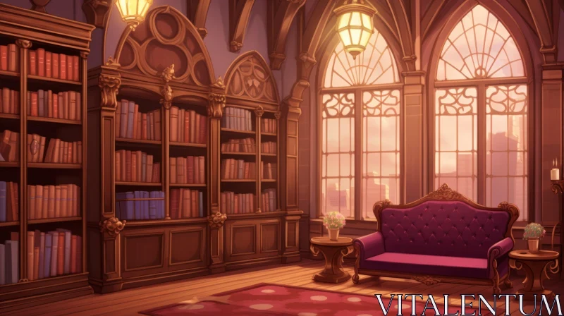 Charming Anime Style Library with Ornate Bookcase and Couch AI Image
