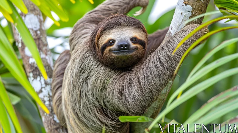 Curious Sloth Hanging from Tree Branch AI Image