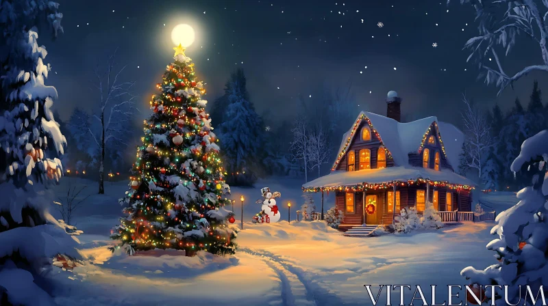 Festive Winter Night with Illuminated House and Christmas Tree