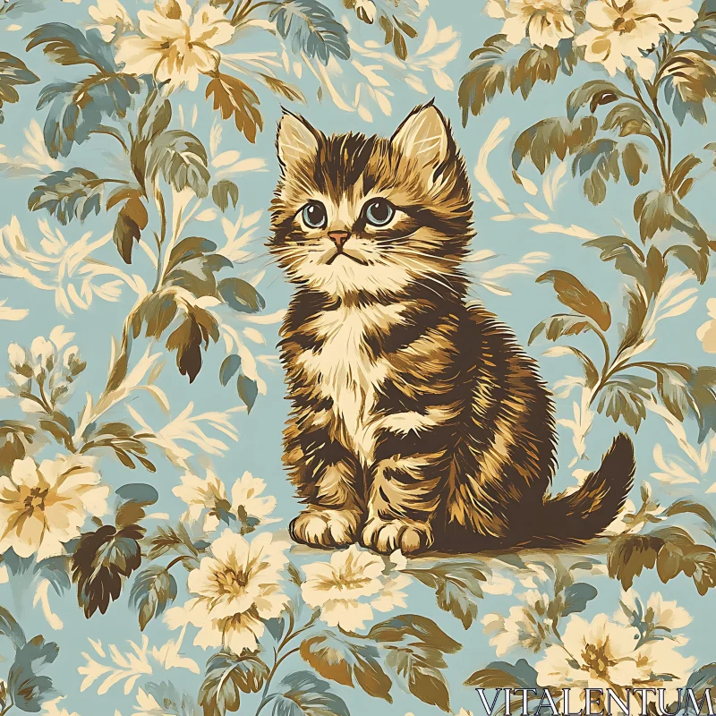 Adorable Kitten with Vintage Floral Design