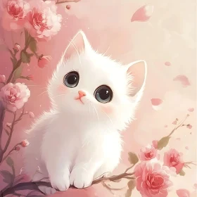Cute Fluffy Kitten with Pink Flowers