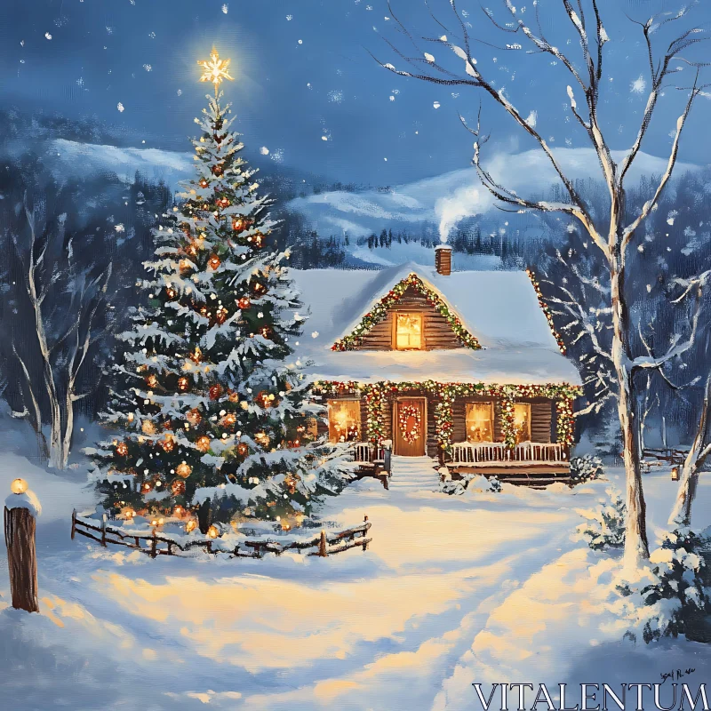Festive Cabin Amid Snow with Christmas Decor AI Image