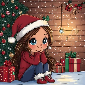 Festive Cartoon Girl in Santa Hat by Christmas Tree