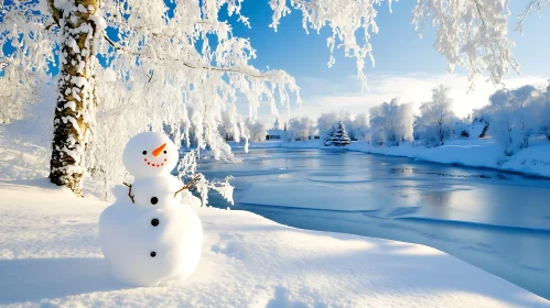 Snow-Covered Landscape with a Joyful Snowman