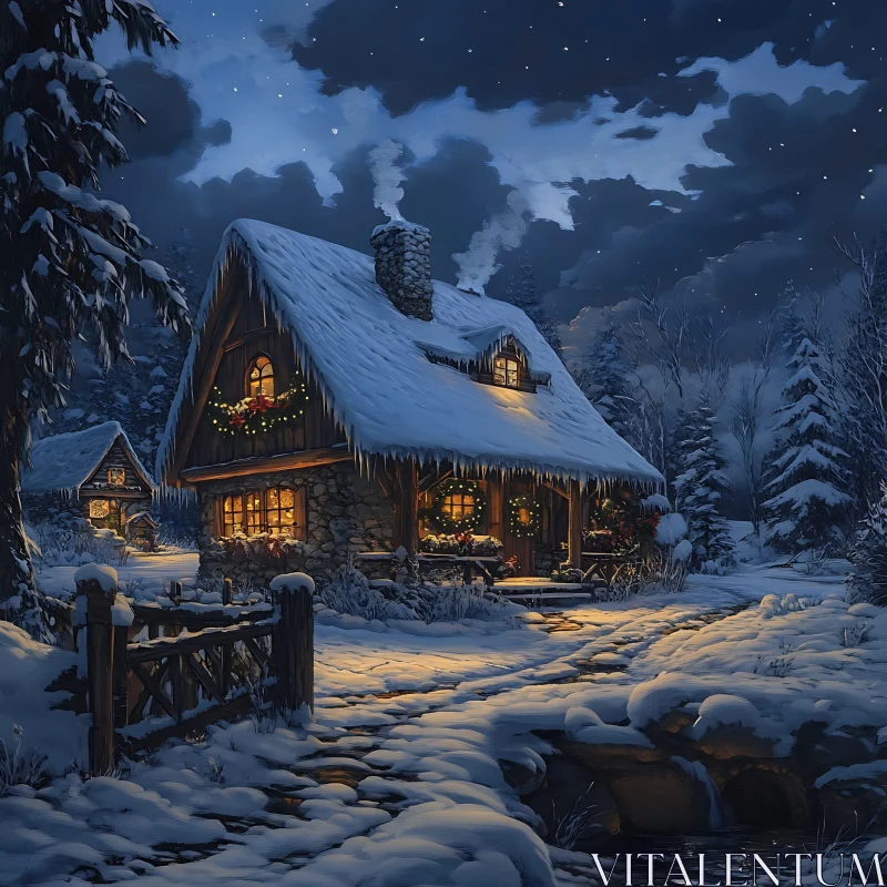 Cozy Cabin Under a Snowy Winter Sky