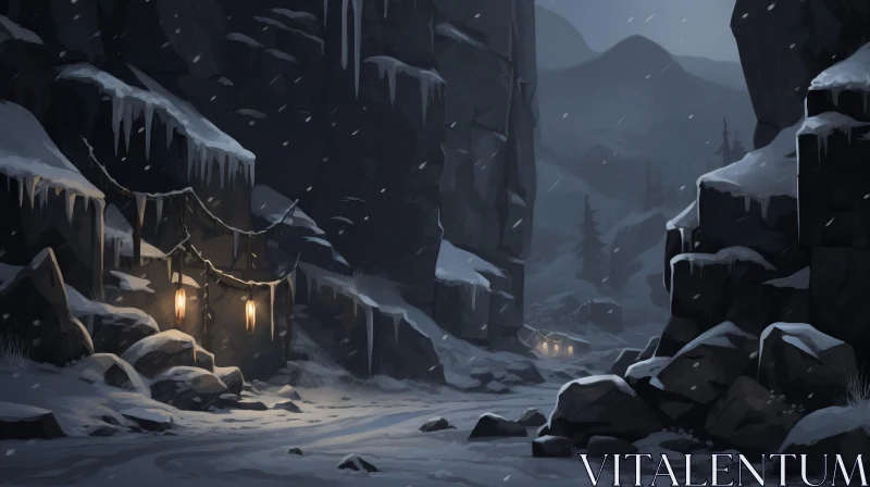 Enchanting Snow Scene in a Rocky Location | Dark Palette | Character Design AI Image