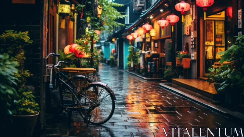 Exotic Atmosphere: Wet Alley with Bicycles and Lanterns AI Image