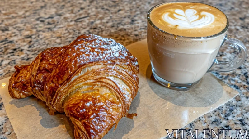 AI ART Golden Brown Croissant and Coffee on a Marble Table