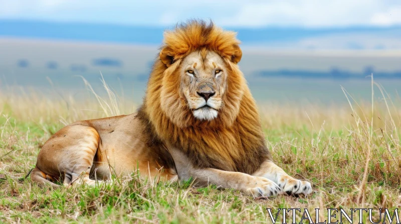 Majestic Male Lion Resting on Grassy Plain - Captivating Wildlife Photography AI Image