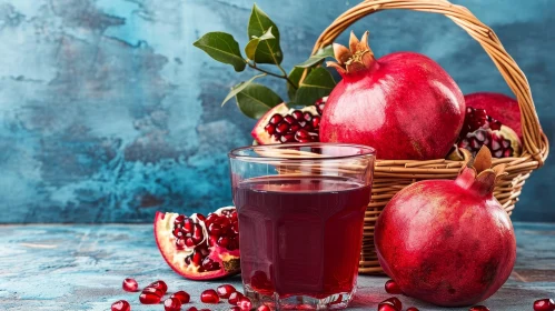 Ripe Red Pomegranate Fruit in Wicker Basket with Glass of Juice