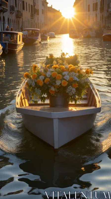 Romantic Floral Boat Scene in Warm Golden Light AI Image