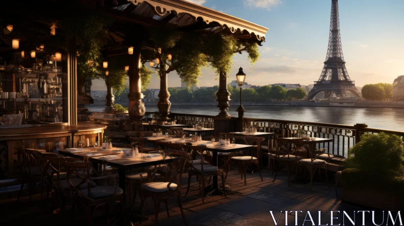 Romantic Parisian Restaurant Overlooking the Eiffel Tower AI Image
