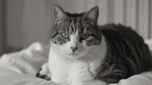 Serious Tabby Cat Portrait on White Blanket