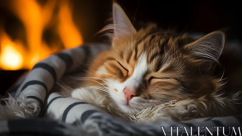 AI ART Tabby Cat Sleeping by Fireplace