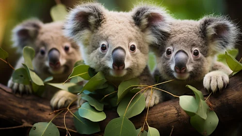 Three Koalas on Tree Branch: Enchanting Wildlife Encounter