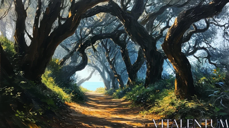 Tranquil Forest Path Painting with Ocean View AI Image