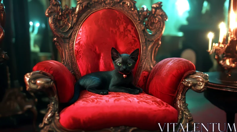 AI ART Black Cat Lounging on Red Velvet Chair