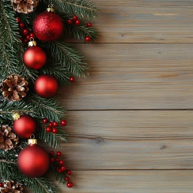 Holiday Decorations with Red Ornaments and Pinecones on Wooden Background