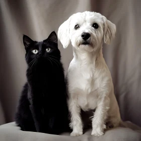 Studio Portrait of Black Cat and White Dog