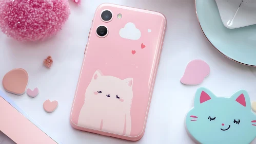 Charming Pink Cat Design Phone Case with Hearts