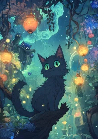 Fantastical Night Scene with Black Cat and Lanterns