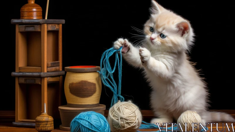 Adorable Kitten Playing with Yarn on Wooden Table AI Image