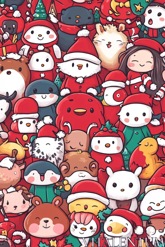 Festive Cartoon Characters Wearing Santa Hats AI Image