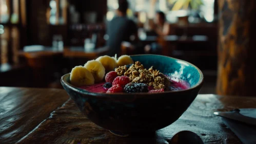 Delicious Bowl of Acai Berries, Bananas, Raspberries, and Granola on a Wooden Table